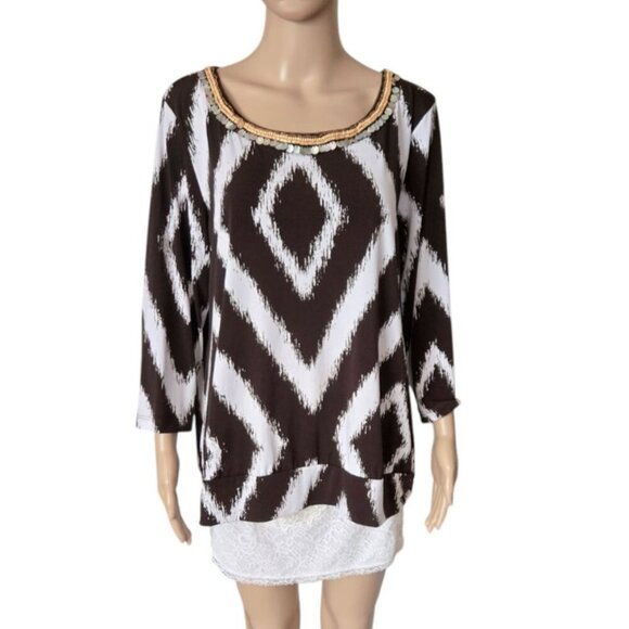 Chico's Travelers Dark Brown White Angled Striped Beaded Neck Top Size 3 - Picture 1 of 5